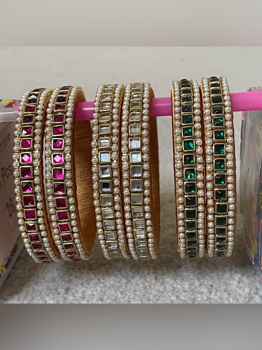 New 3 Pairs of Hand Made Indian Bangles Wedding Pink Green White with Pearls 2.6